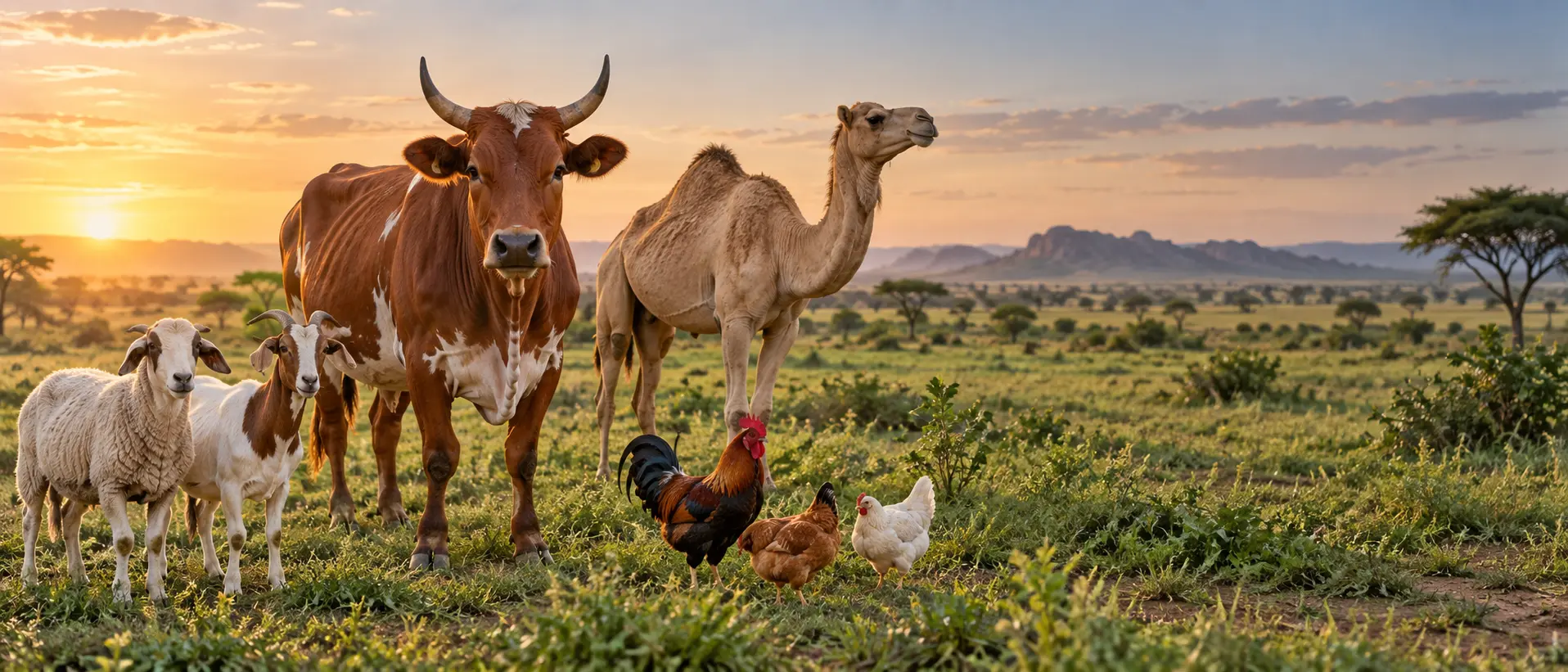Cattle, camels, sheep, goats and poultry in a Chadian landscape